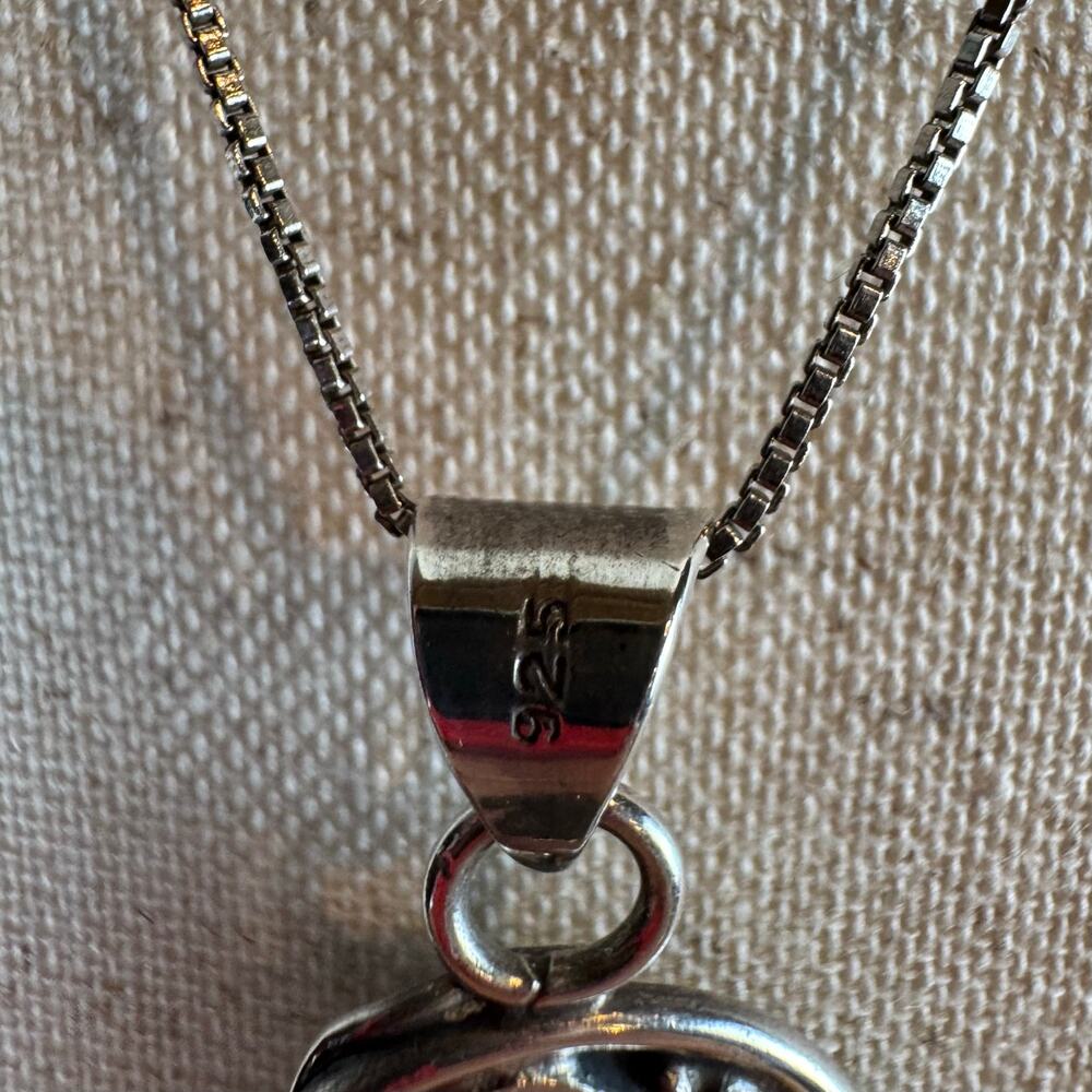 Vintage Y2K Sterling Silver Turquoise Jade Oval Native American Pendant Necklace - Picture 6 of 7